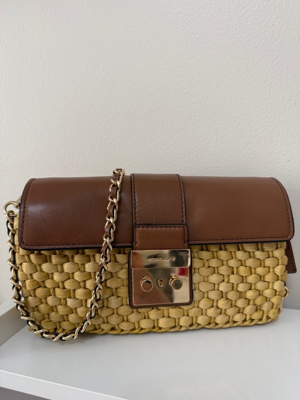 Michael Kors Brown Leather & Natural Straw with Gold Chain